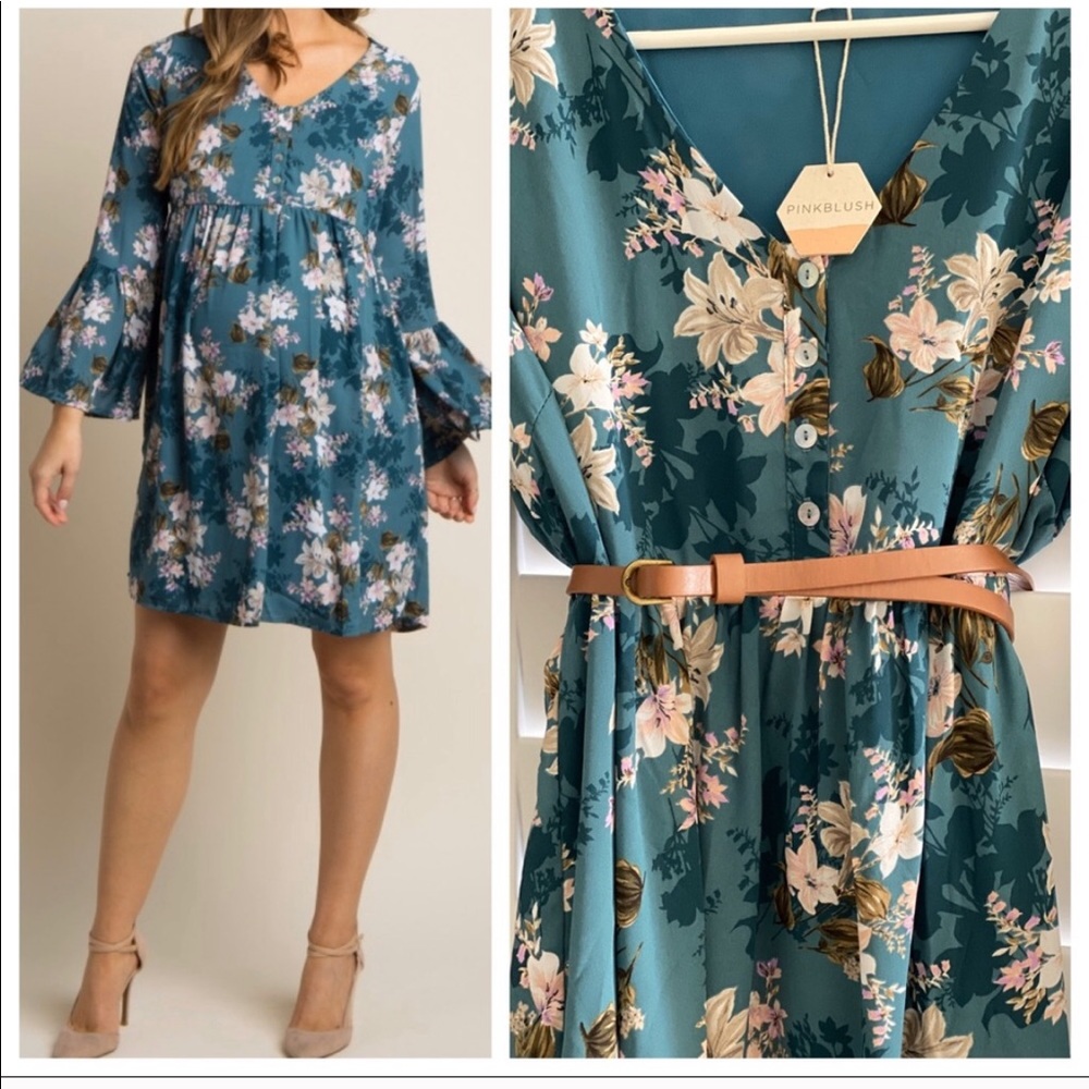 NWT Teal Floral Babydoll Chiffon MaternityDress L